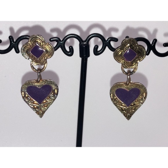 Purple & Gold-Tone Art Nouveau Heart Dangle Earrings Vintage! - Picture 5 of 10
